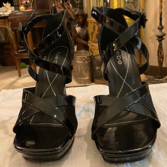 Bebe Black Leather Strappy Sandals Stiletto Heels Size 8 "Fetish" - Picture 3 of 7